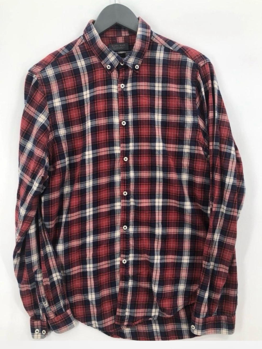 Zara Red and Navy Plaid Button-Down Shirt 100% cotton